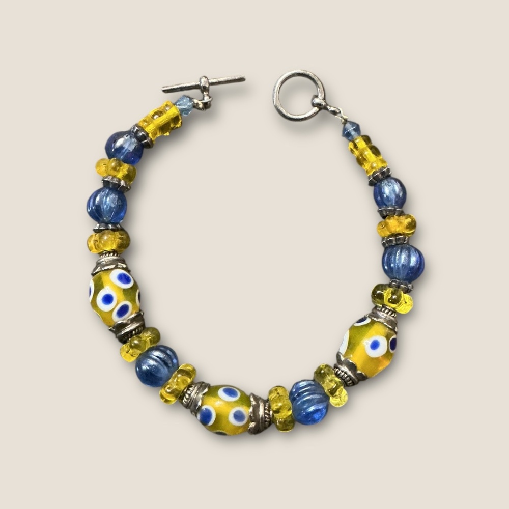 Yellow and Blue Vintage Artisan Glass Beaded Bracelet - Picture 2 of 2